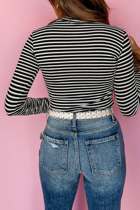 Black Stripe Knit Mock Neck Long Sleeve Slim Top Long Sleeve Tops JT's Designer Fashion