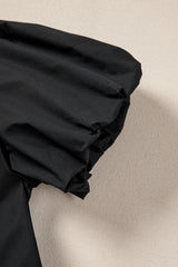 Black Shirt Style Button Down Puff Sleeve Ruffle Hem Dress Mini Dresses JT's Designer Fashion