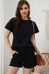 Black 2pcs Solid Textured Drawstring Shorts Set Short Sets JT's Designer Fashion