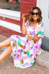 Purple Abstract Print Puff Sleeve Smocked Back Midi Dress Dresses JT's Designer Fashion
