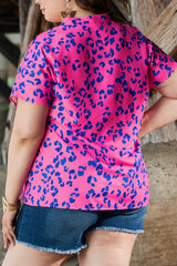 Rose Contrast Leopard Print Plus Size V Neck Blouse Plus Size JT's Designer Fashion