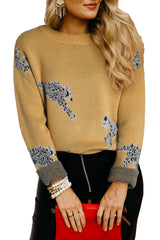 Camel Fuzzy Cheetah Accent Round Neck Sweater Sweaters & Cardigans JT's Designer Fashion