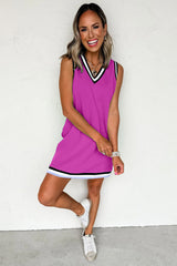 Purple Orchid Color Contrast Trim V Neck Shift Sleeveless Mini Dress Dresses JT's Designer Fashion