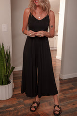 Black Spaghetti Straps Open Back Pleated Wide Leg Jumpsuit Jumpsuits & Rompers JT's Designer Fashion