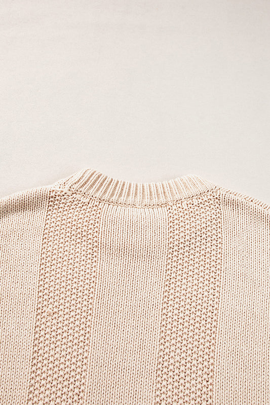 Pale Khaki Solid Color Cable Knit Ribbed Loose Sweater Sweaters JT's Designer Fashion