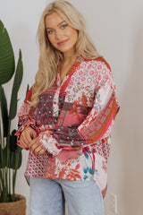 Red Boho Geometric Mixed Print Patchwork Bubble Sleeve Shirt Blouses & Shirts JT's Designer Fashion