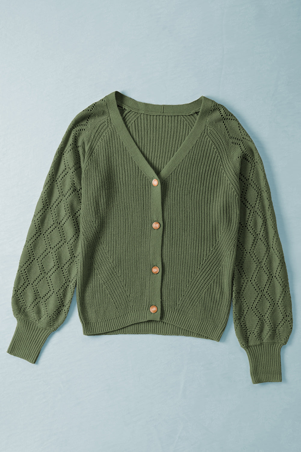 Green Bishop Sleeve Button V Neck Cardigan Sweater Cardigans JT's Designer Fashion