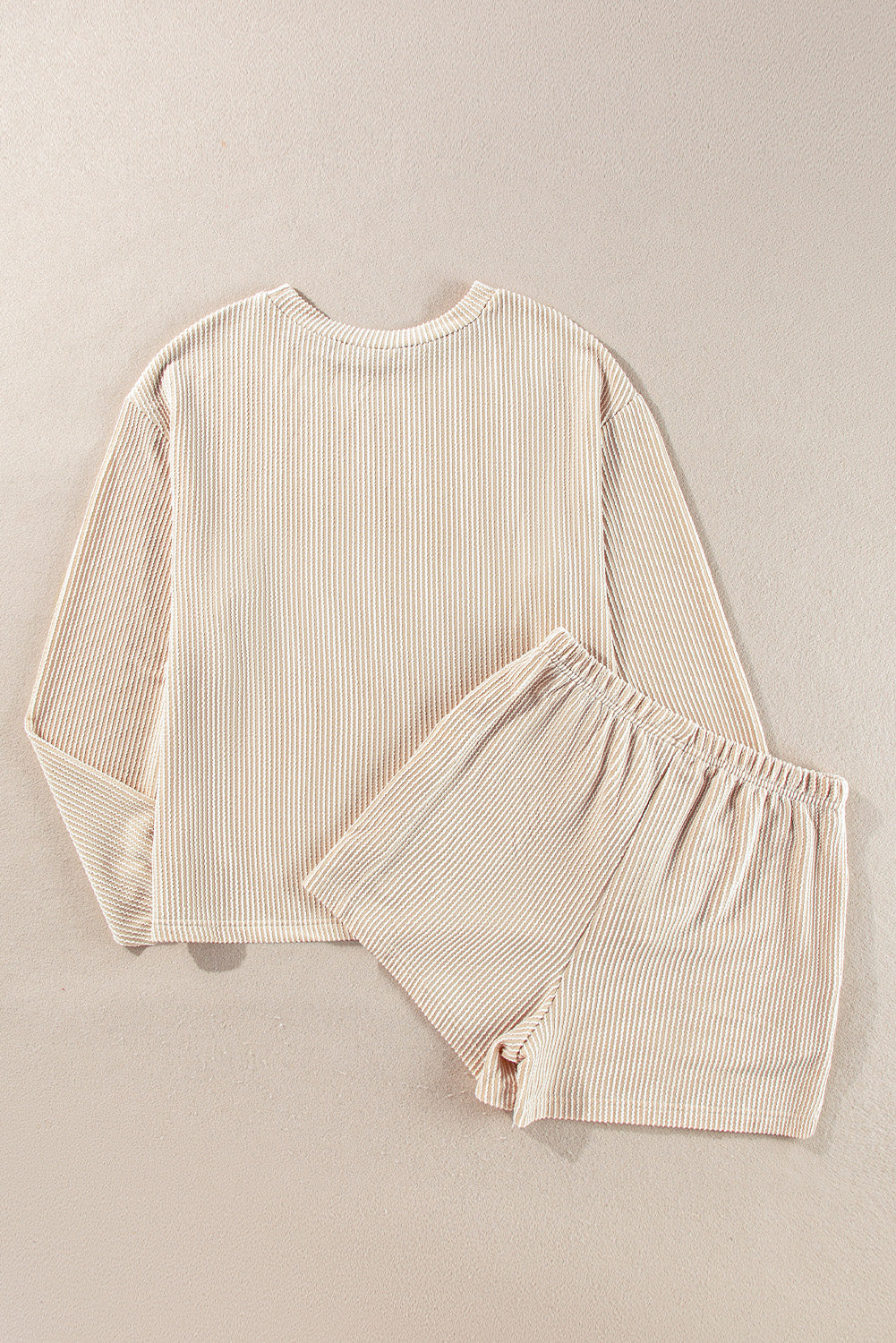 Parchment Corded Knit Long Sleeve Top and High Waist Shorts Set Short Sets JT's Designer Fashion