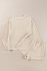 Parchment Corded Knit Long Sleeve Top and High Waist Shorts Set Short Sets JT's Designer Fashion