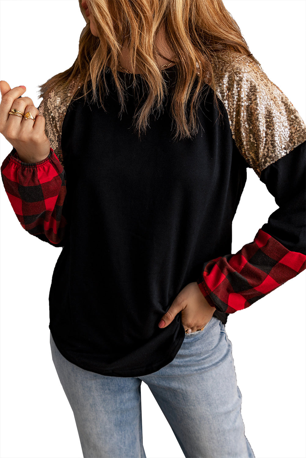 Black Crewneck Lantern Sleeve Plaid Sequin Splicing Blouse Long Sleeve Tops JT's Designer Fashion