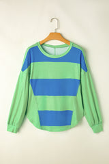Blue Colorblock Striped Drop Shoulder Loose Top Long Sleeve Tops JT's Designer Fashion