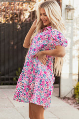 Pink Floral Collared Half Placket Short Sleeve Loose Dress Floral Dresses JT's Designer Fashion