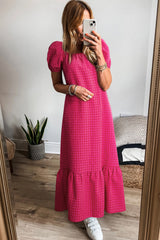Rose Ginham Check Bubble Sleeve Ruffled Long Dress Maxi Dresses JT's Designer Fashion
