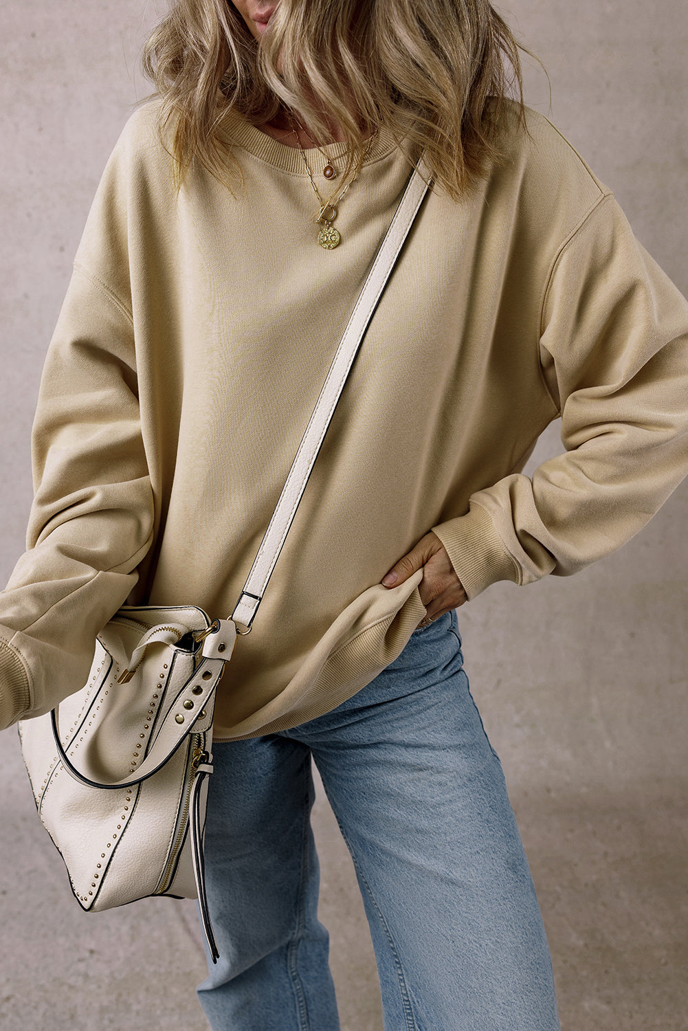 Parchment Solid Loose Crew Neck Fleece Sweatshirt Sweatshirts & Hoodies JT's Designer Fashion