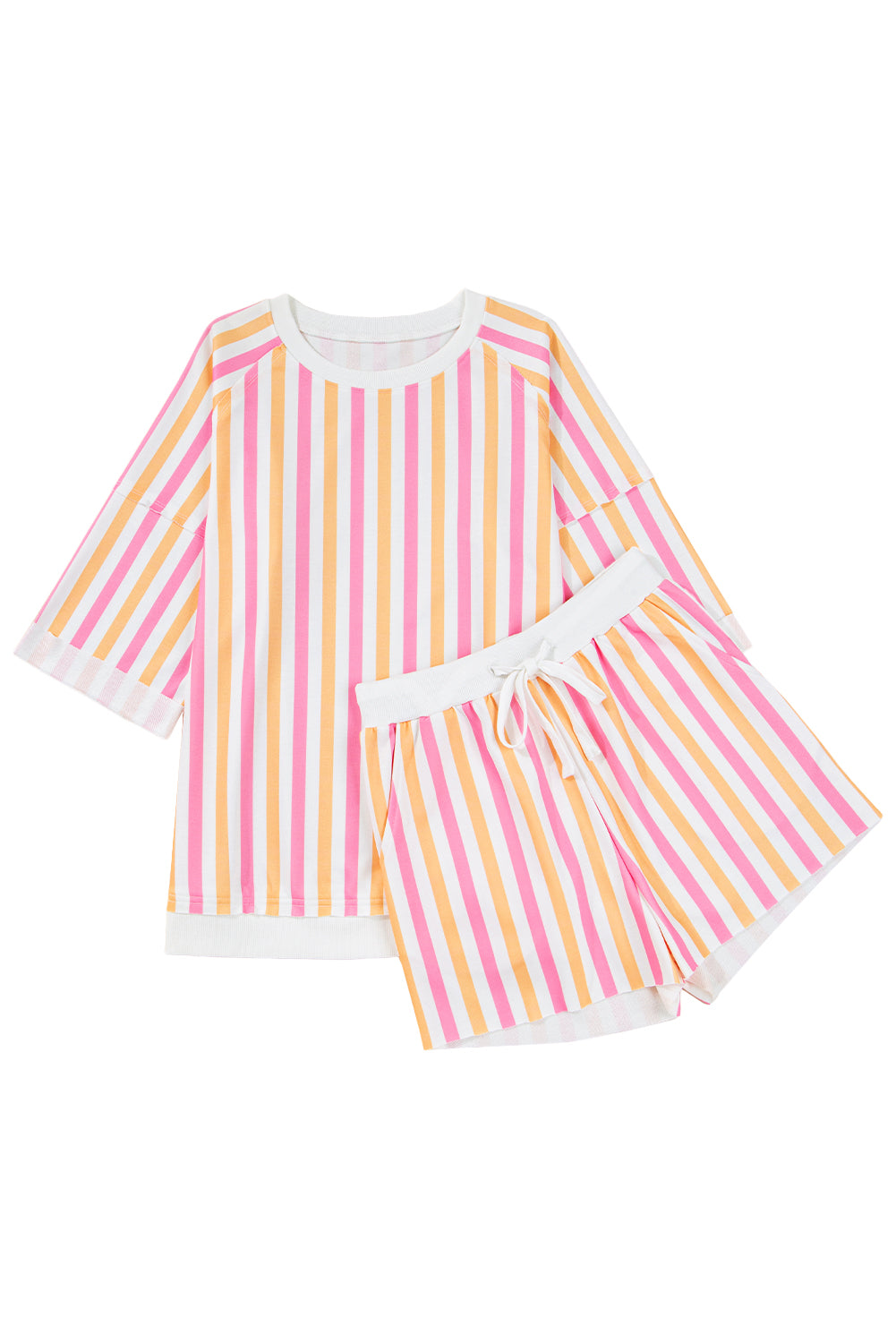 Pink Stripe Drop Shoulder Half Sleeve Loose Tee and Shorts Casual Set Short Sets JT's Designer Fashion