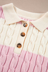 Pink Stripe Cable Knit Collared Henley Sweater Sweaters JT's Designer Fashion