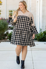Black Plaid Waffle Knit Patchwork Collared V Neck Plus Size Mini Dress Plus Size Mini Dresses JT's Designer Fashion