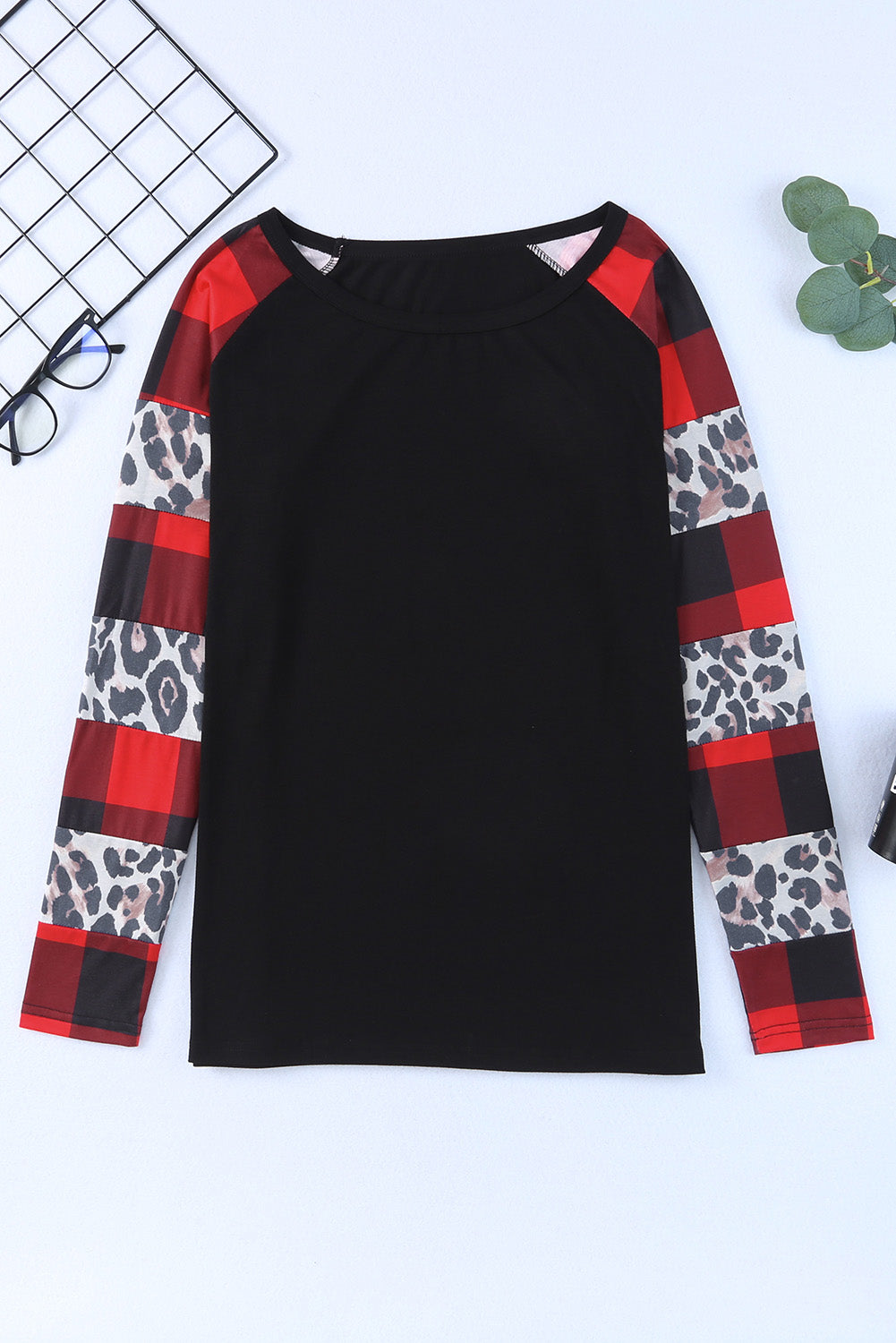 Black Off Shoulder Plaid&Leopard Print Long Sleeve Top Long Sleeve Tops JT's Designer Fashion