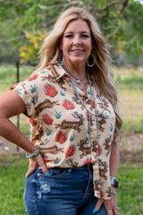 Khaki Plus Size Western Pattern Print Buttoned Short Sleeve Shirt Plus Size Blouses & Shirts JT's Designer Fashion