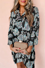 Black Floral Print Lapel Collar Loose Shirt Mini Dress Black 100%Polyester Floral Dresses JT's Designer Fashion