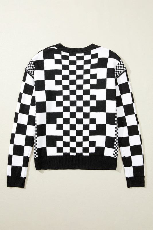 Black Checkered Print Drop Shoulder Round Neck Sweater Sweaters JT's Designer Fashion