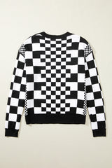 Black Checkered Print Drop Shoulder Round Neck Sweater Sweaters JT's Designer Fashion