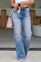 Light Blue High Rise Distressed Straight Leg Jeans Jeans JT's Designer Fashion