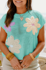 Moonlight Jade Big Flower Knit Short Sleeve Sweater Sweaters & Cardigans JT's Designer Fashion