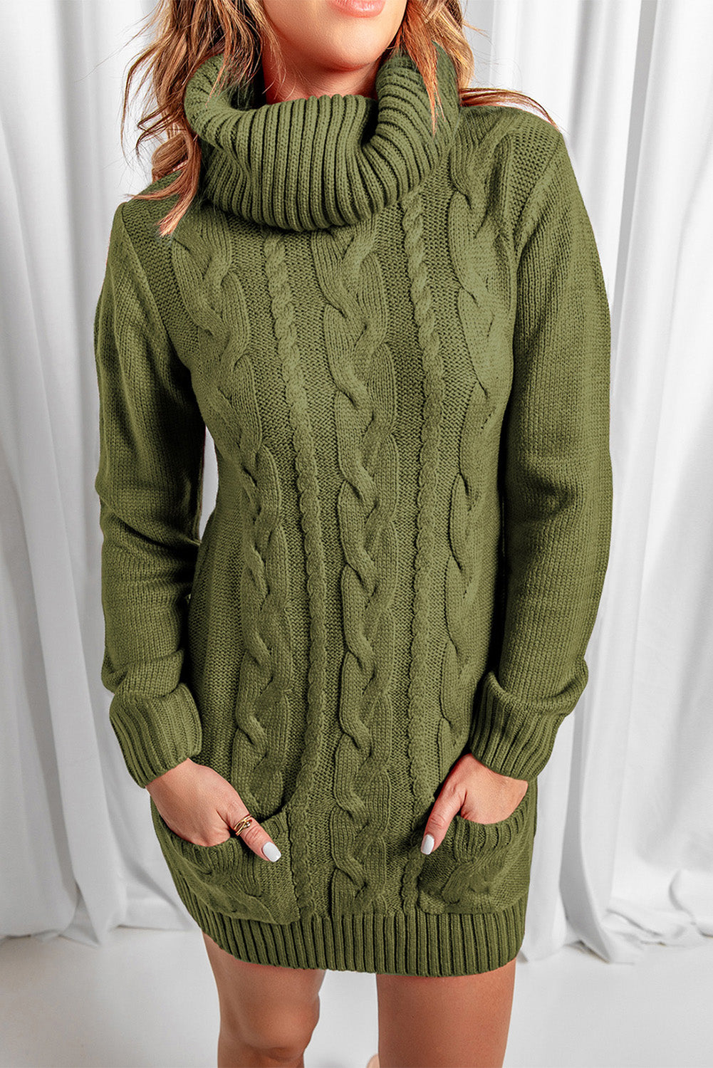Olive Cowl Neck Cable Knit Sweater Dress Sweater Dresses JT's Designer Fashion