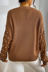 Chestnut Beaded Drop Shoulder Round Neck Sweater Sweaters JT's Designer Fashion