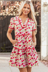 Red Floral Puff Sleeve Tiered Ric Rac Pocketed Mini Dress Red 100%Polyester Floral Dresses JT's Designer Fashion