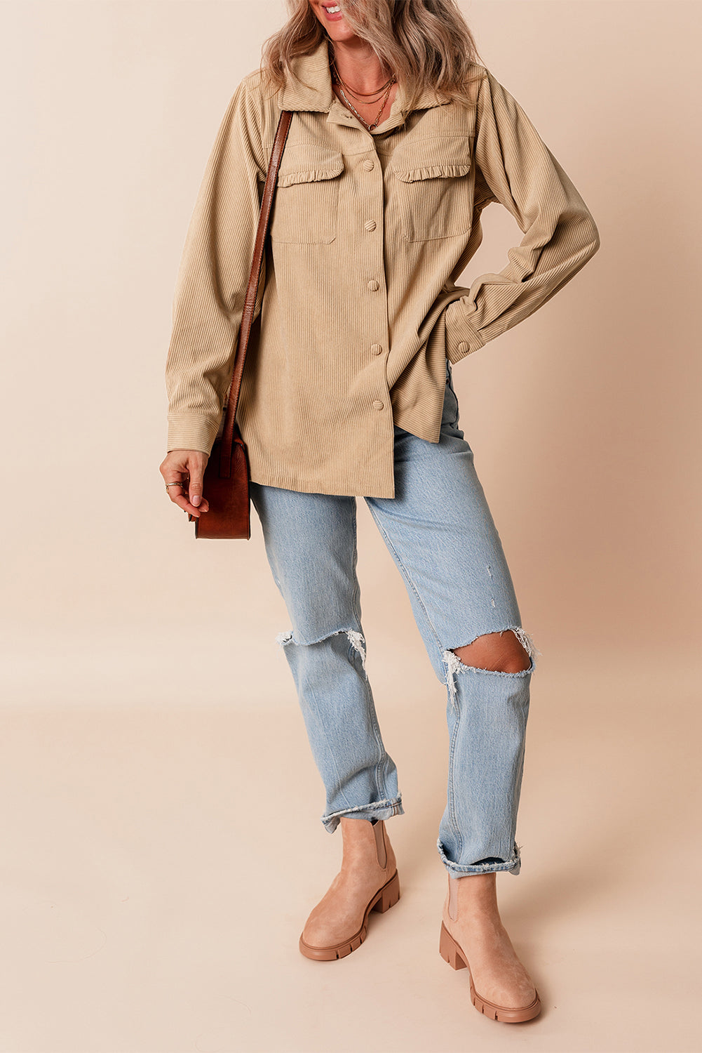 Light French Beige Solid Frilled Flap Pocket Button Up Corduroy Shacket Jackets JT's Designer Fashion