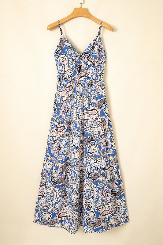 Blue Paisley Print Twist Detail Smocked Back Spaghetti Straps Long Dress Maxi Dresses JT's Designer Fashion