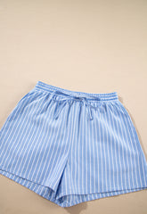 Sky Blue Striped Bowknot Detail Puffy Sleeve Top and Shorts 2Pcs Set Short Sets JT's Designer Fashion