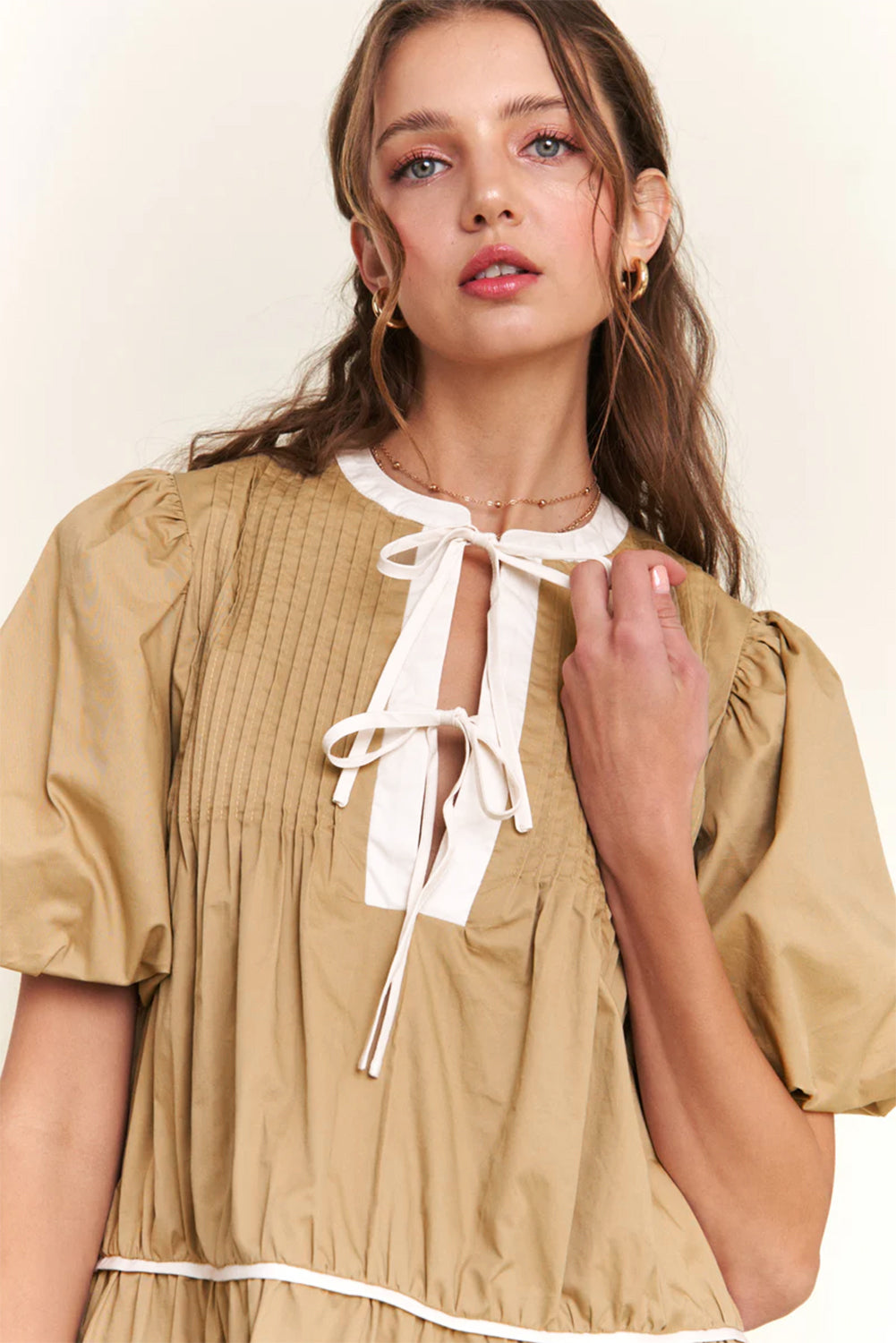 Pale Khaki Contrast Trim Pintuck Puff Sleeve Tied Neck Short Dress Mini Dresses JT's Designer Fashion