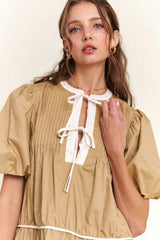 Pale Khaki Contrast Trim Pintuck Puff Sleeve Tied Neck Short Dress Mini Dresses JT's Designer Fashion