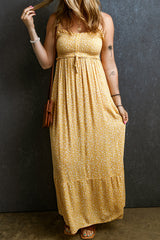 Yellow Frilly Smocked High Waist Floral Maxi Dress Dresses JT's Designer Fashion