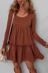 Straw Yellow Ribbed Frilled Trim High Waist Long Sleeve Mini Dress Mini Dresses JT's Designer Fashion