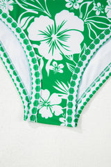Green Floral Print One Shoulder High Waist Bikini Set Bikinis JT's Designer Fashion