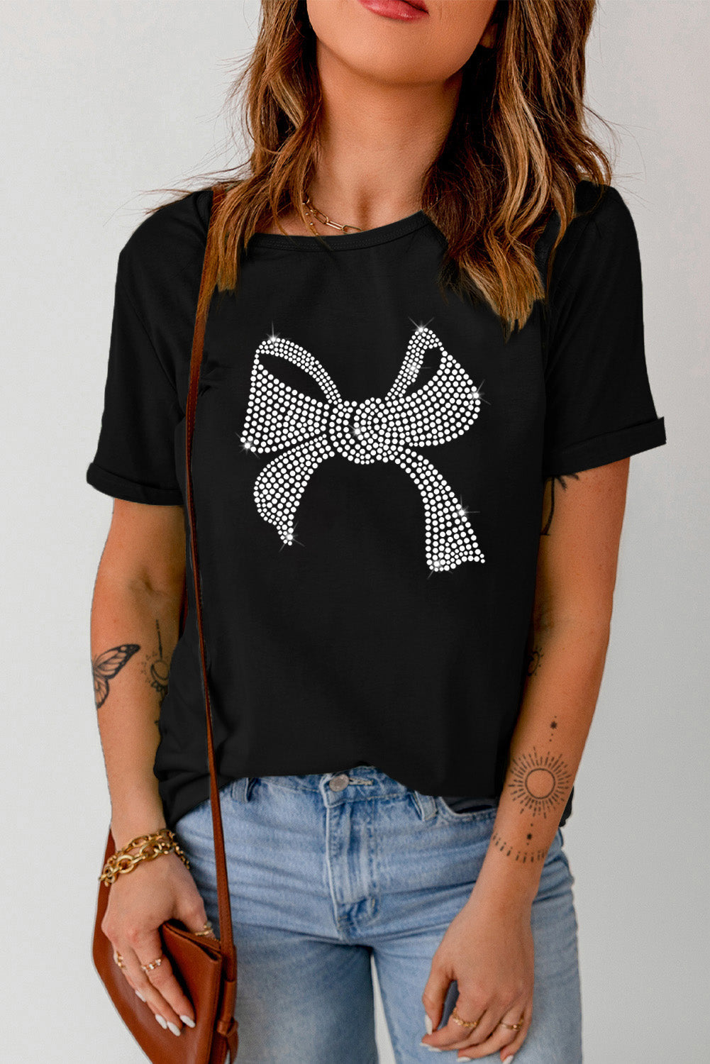 Black Rhinestone Bowknot Graphic Crewneck T Shirt Graphic Tees JT's Designer Fashion