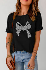 Black Rhinestone Bowknot Graphic Crewneck T Shirt Graphic Tees JT's Designer Fashion
