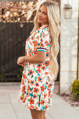 Orange Contrast Trim Floral Split Neck Puff Short Sleeve Tiered Mini Dress Floral Dresses JT's Designer Fashion