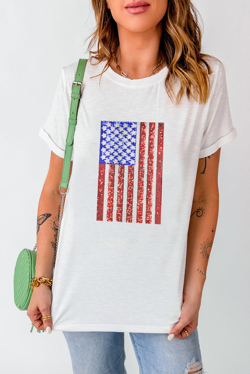 White Shimmery Flag Graphic Tee Graphic Tees JT's Designer Fashion