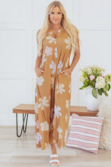 Khaki Floral Print Sleeveless Button up Wide Leg Loose Jumpsuit Jumpsuits & Rompers JT's Designer Fashion