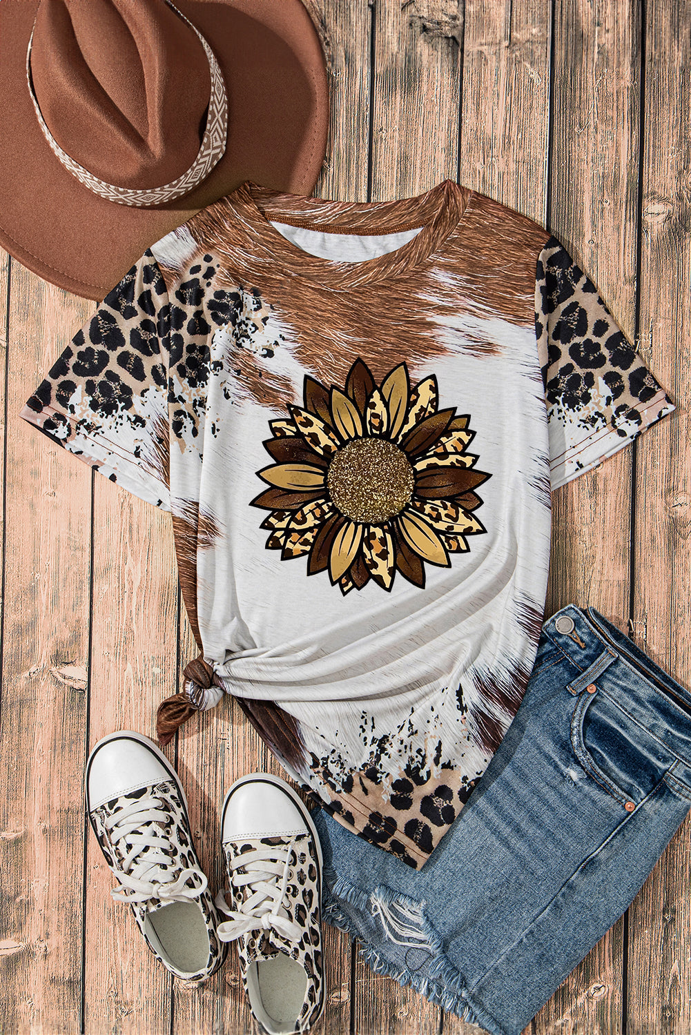 Chestnut Leopard Bleached Sunflower Graphic Crewneck T Shirt Graphic Tees JT's Designer Fashion