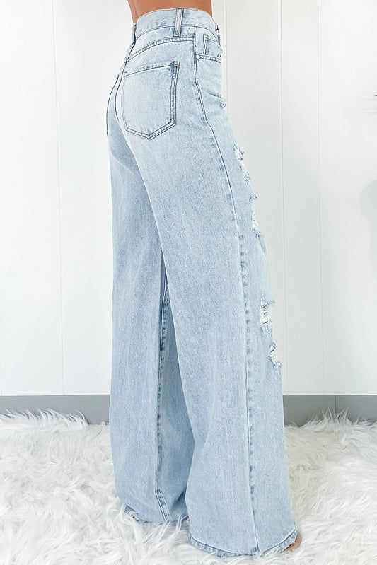 Beau Blue Light Wash Distressed High Waist Wide Leg Jeans Jeans JT's Designer Fashion