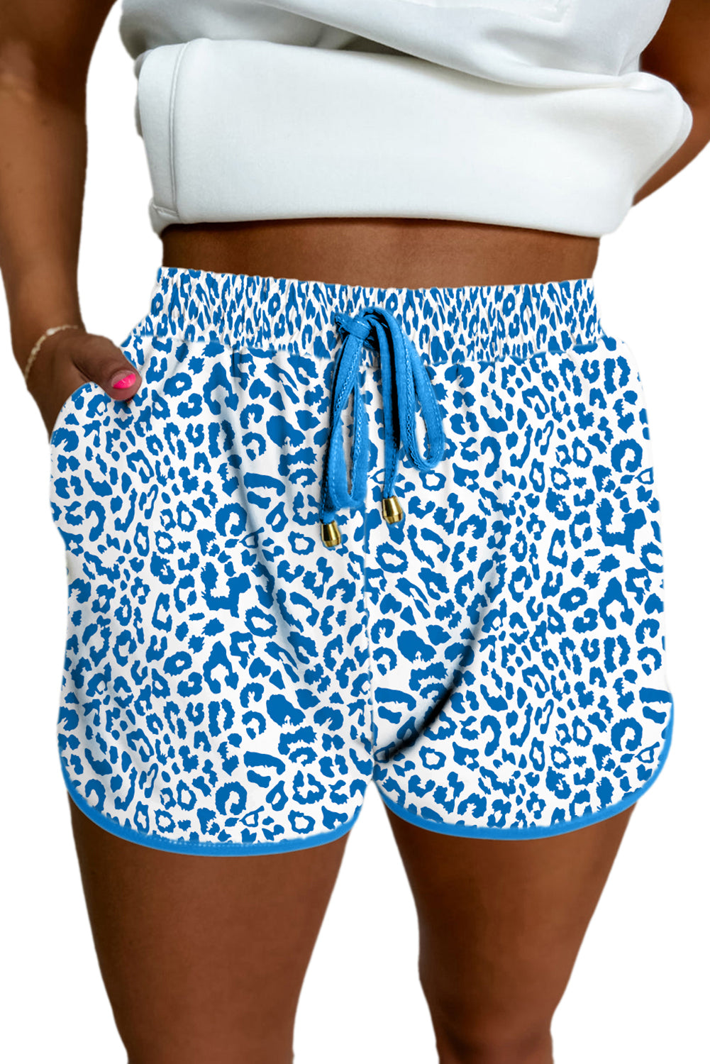 Blue Leopard Elastic Waist Lace up Contrast Trim Casual Shorts Casual Shorts JT's Designer Fashion
