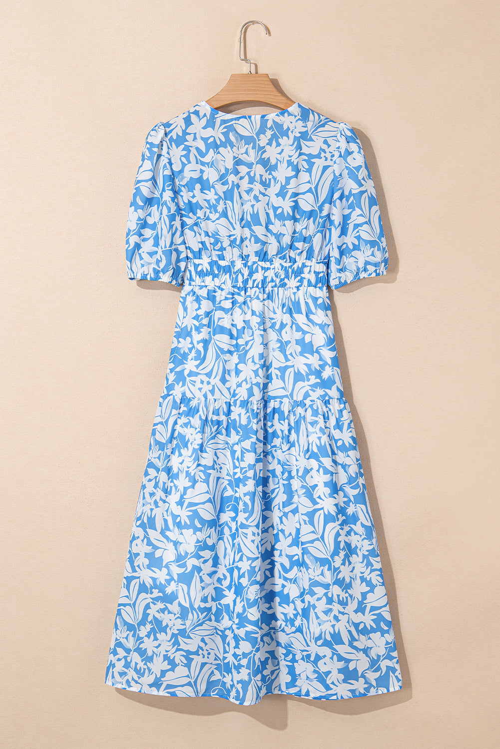 Sky Blue Floral V Neck Puff Short Sleeve Flowy Long Dress Maxi Dresses JT's Designer Fashion