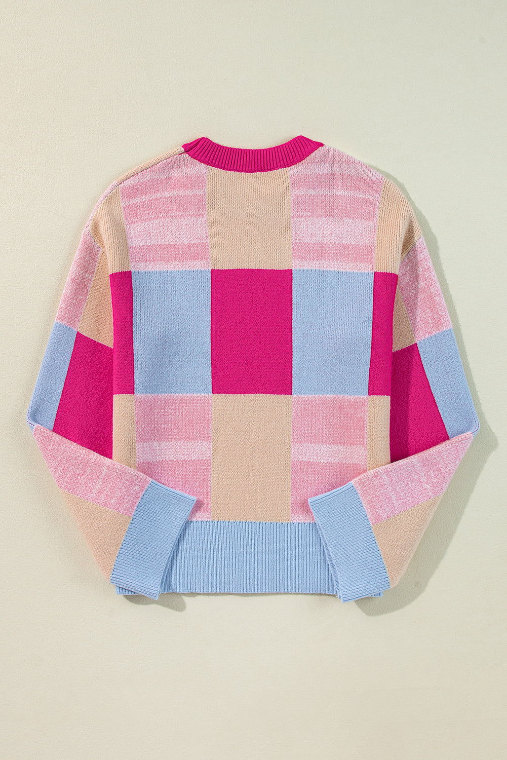 Rose Red Color Block Drop Shoulder Crewneck Loose Fit Sweater Sweaters JT's Designer Fashion