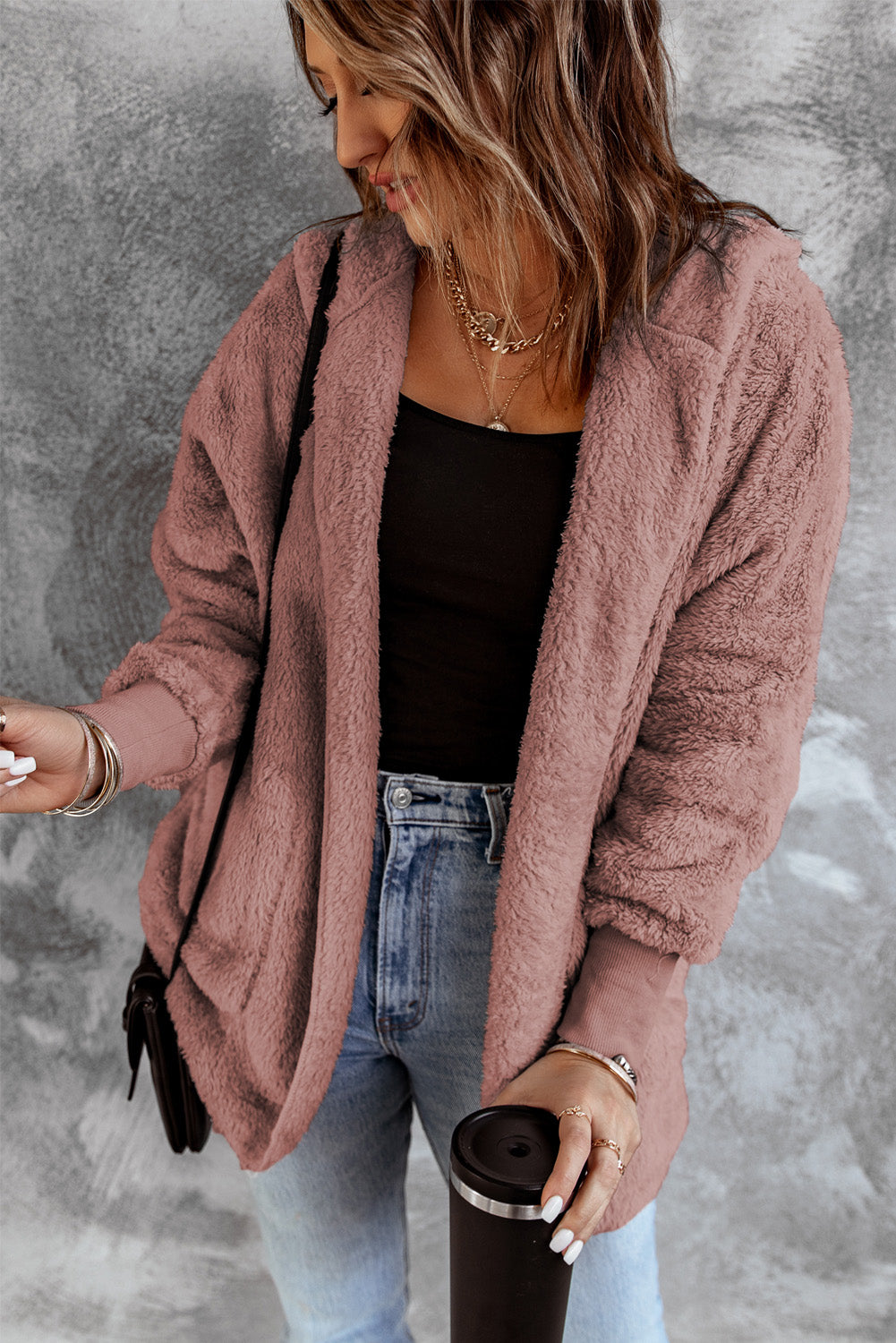 Pink Pink Soft Fleece Hooded Open Front Jacket Jackets JT's Designer Fashion